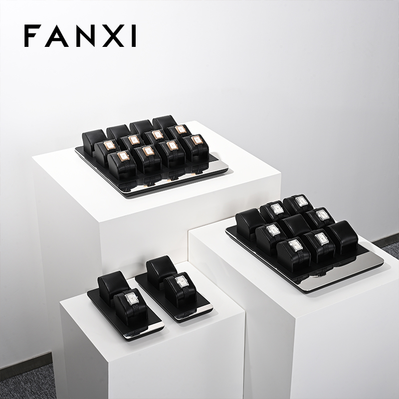 FANXI custom black colour leather window jewelry display with metal frame