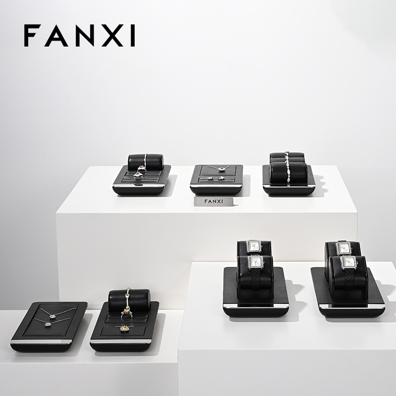 FANXI custom black colour leather window jewelry display with metal frame