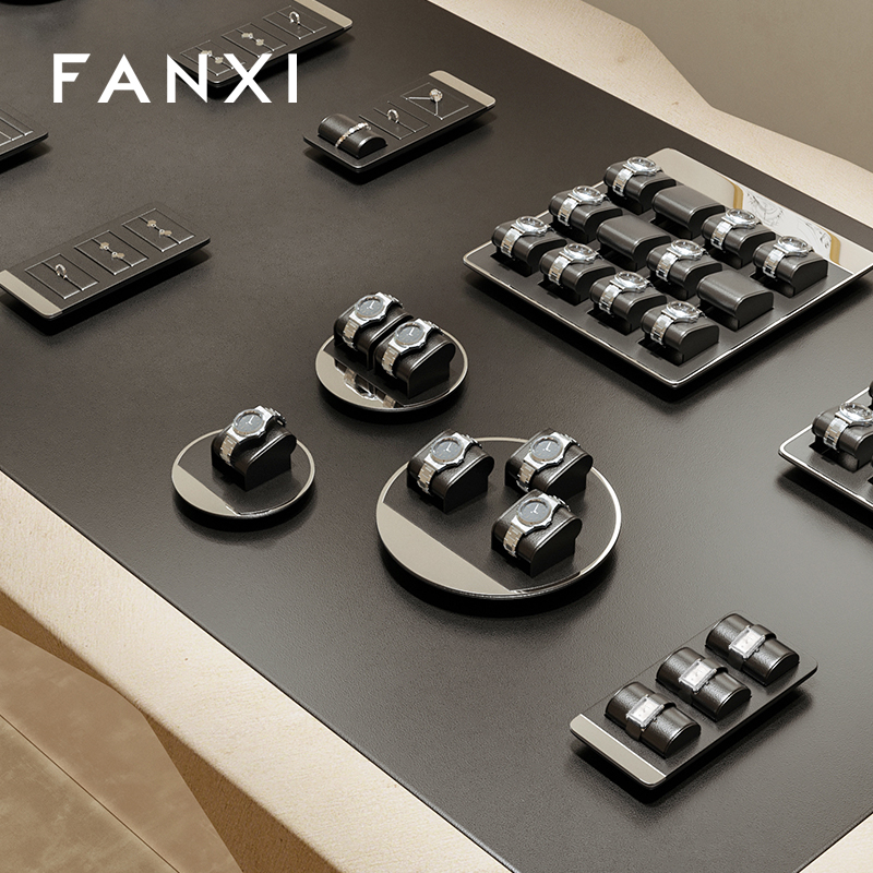 FANXI custom black colour leather window jewelry display with metal frame