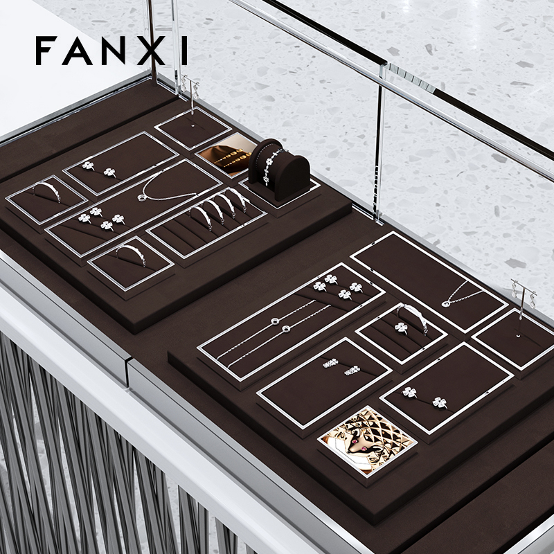 FANXI luxury brown colour microfiber jewelry exhibitors with glossy metal