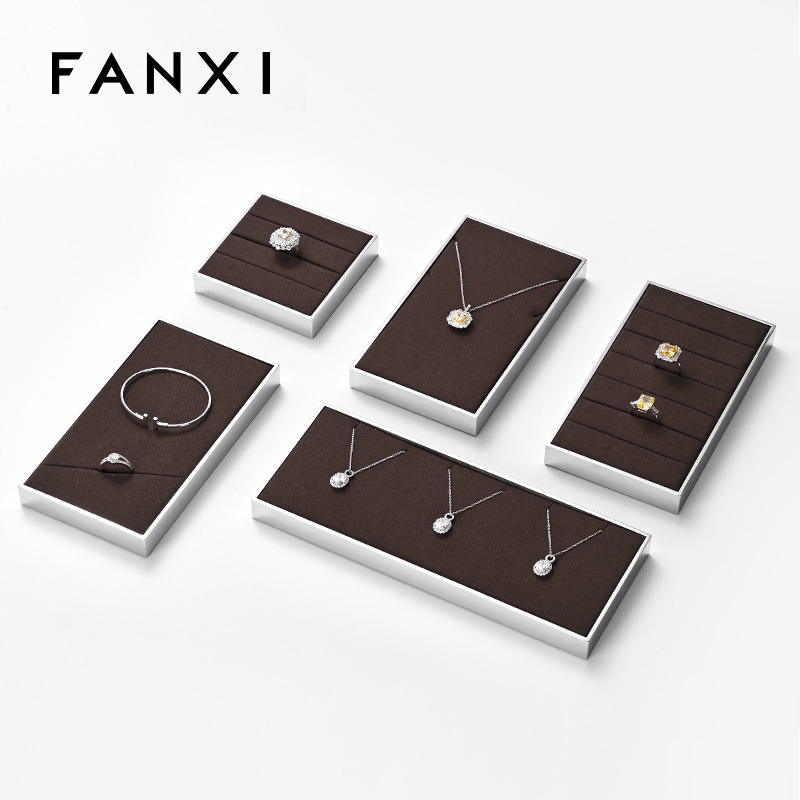 FANXI luxury brown colour microfiber jewelry exhibitors with glossy metal