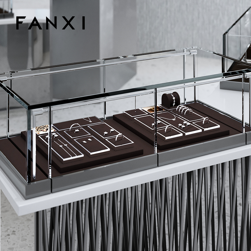 FANXI luxury brown colour microfiber jewelry exhibitors with glossy metal