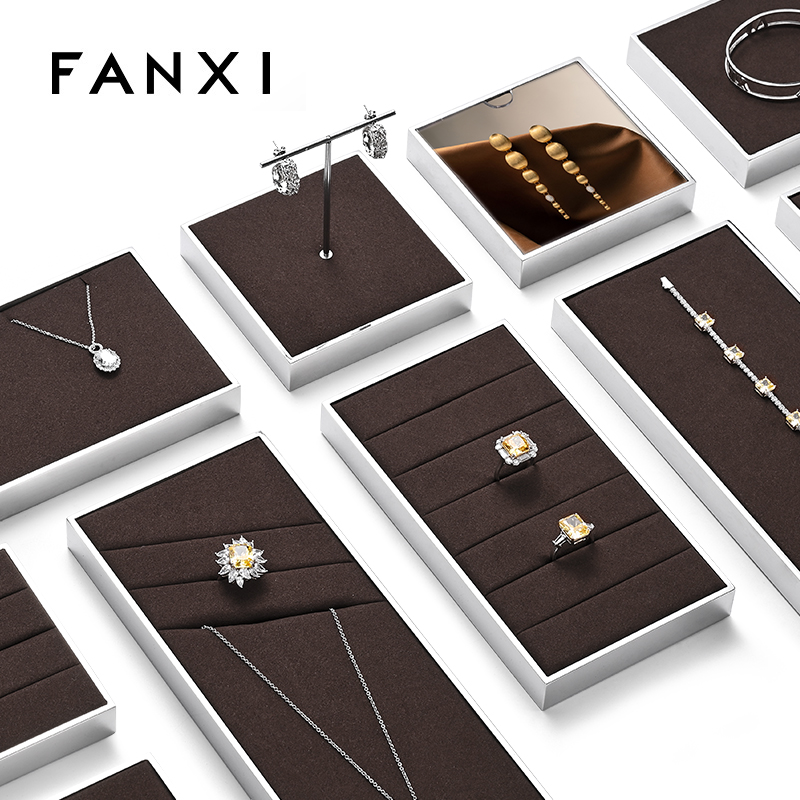 FANXI luxury brown colour microfiber jewelry exhibitors with glossy metal