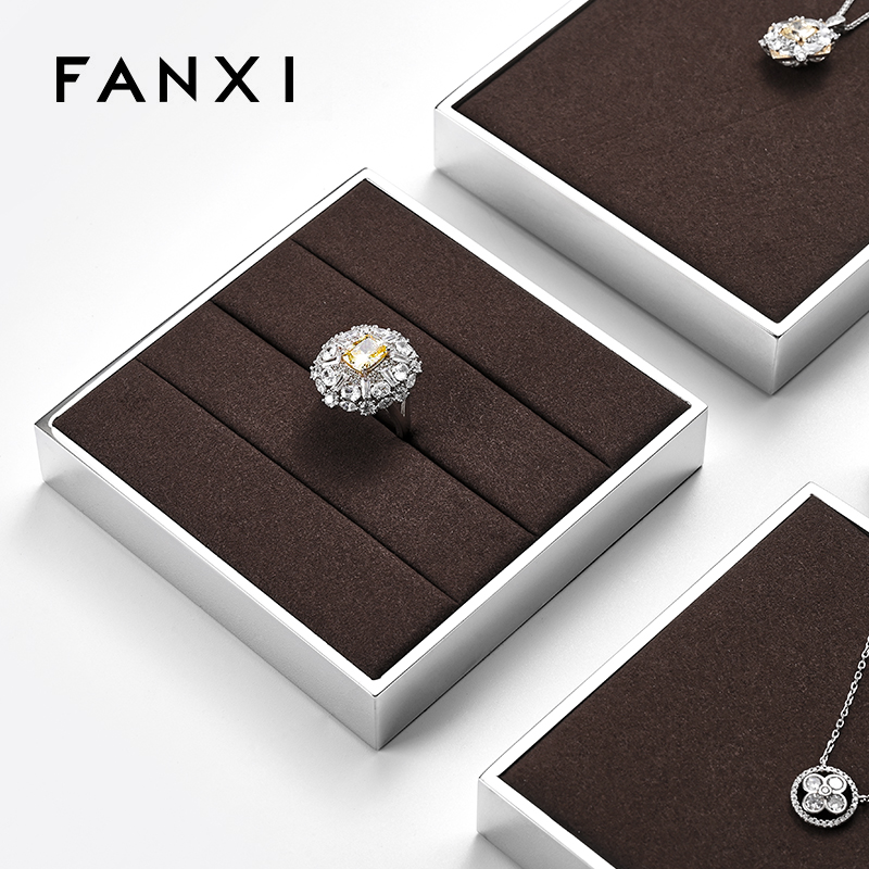 FANXI luxury brown colour microfiber jewelry exhibitors with glossy metal