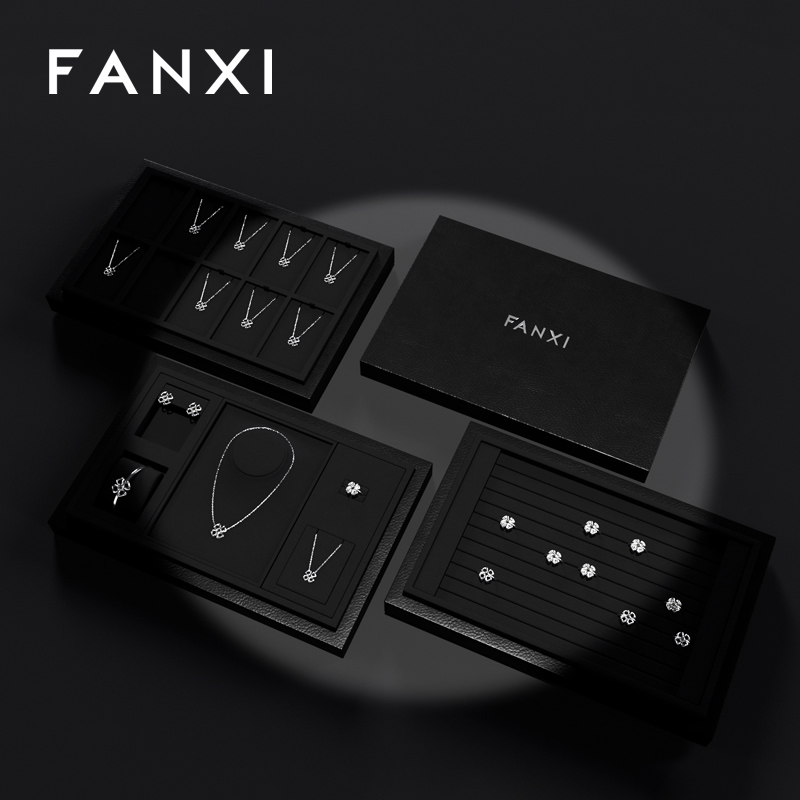 FANXI high end jewellery display stand with black colour microfiber and leather