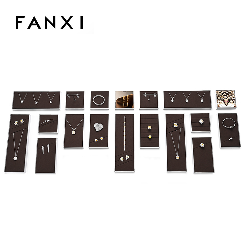 FANXI luxury brown colour microfiber jewelry exhibitors with glossy metal