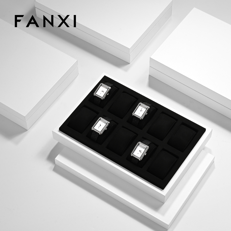 FANXI fashion white leather jewellery tray with black microfiber inside