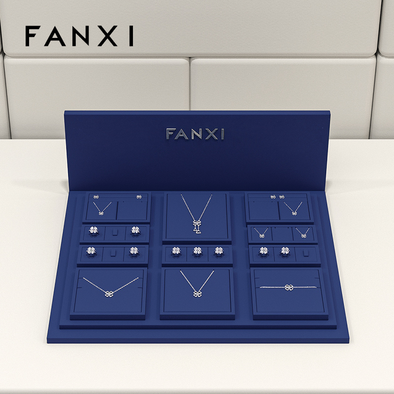 FANXI luxury wooden jewelry display set with blue microfiber