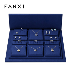 FANXI luxury wooden jewelry display set with blue microfiber