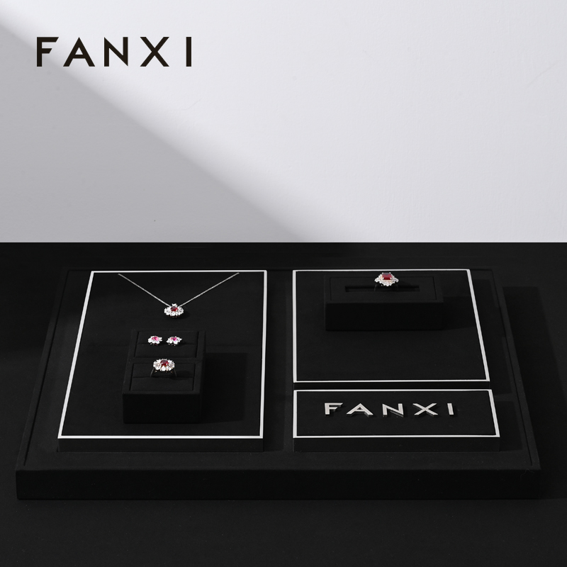 FANXI factory black microfiber jewelry display set with shining metal