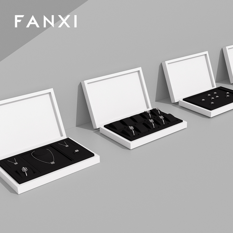 FANXI fashion white leather jewellery tray with black microfiber inside