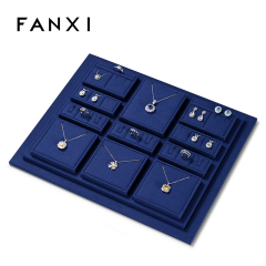 FANXI luxury wooden jewelry display set with blue microfiber