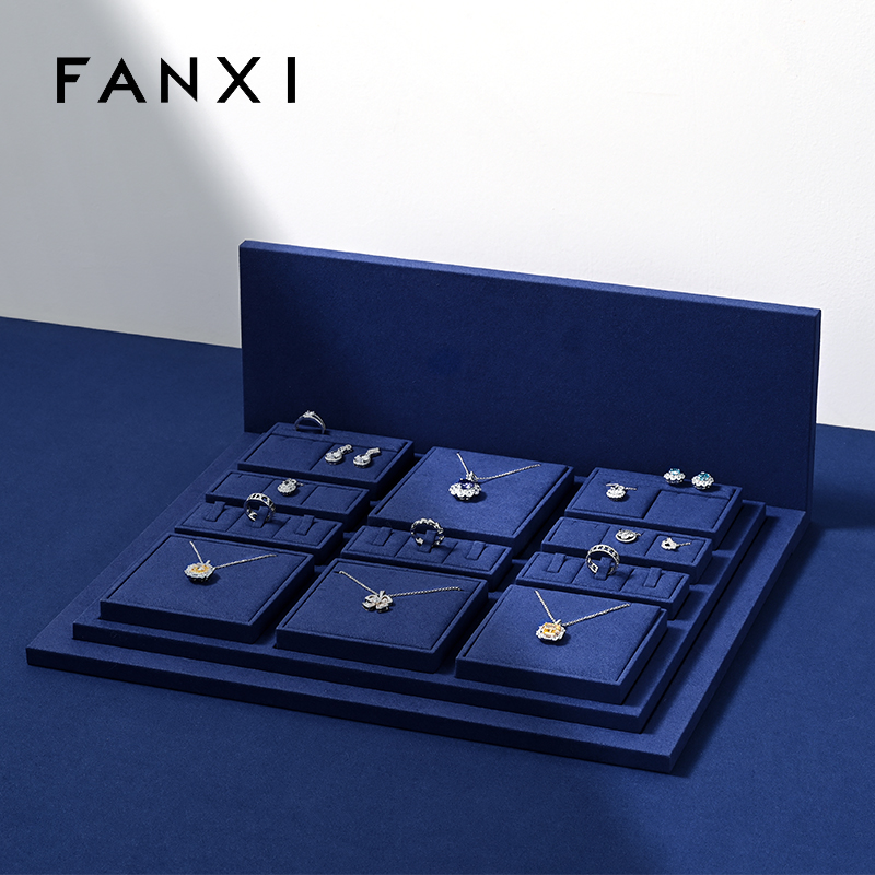 FANXI luxury wooden jewelry display set with blue microfiber