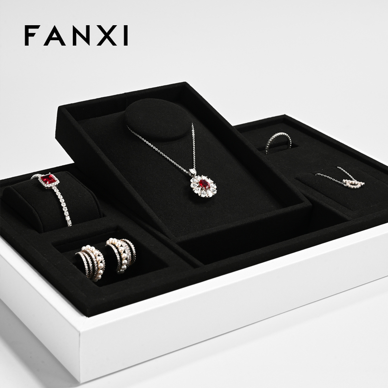 FANXI fashion white leather jewellery tray with black microfiber inside