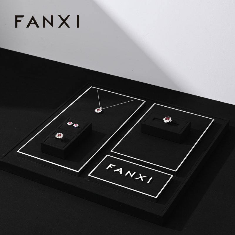 FANXI factory black microfiber jewelry display set with shining metal