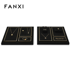 FANXI fashion luxury black microfiber jewelry display set with smooth metal