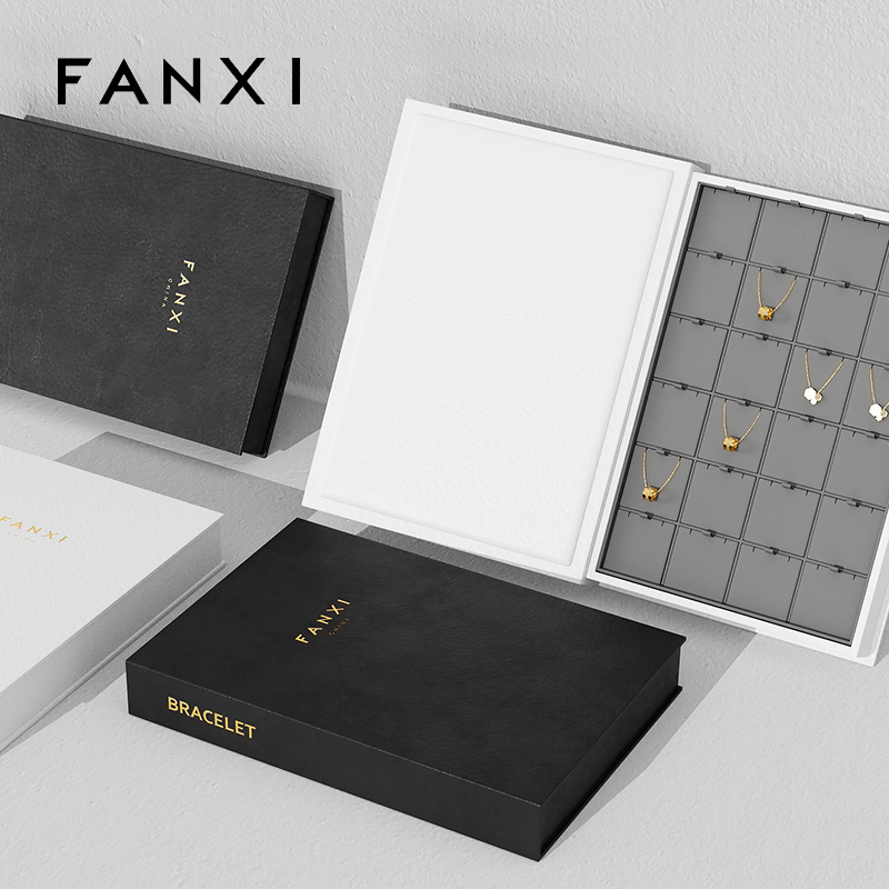 FANXI white leather jewelry box organizer with gray microfiber interior with logo exterior