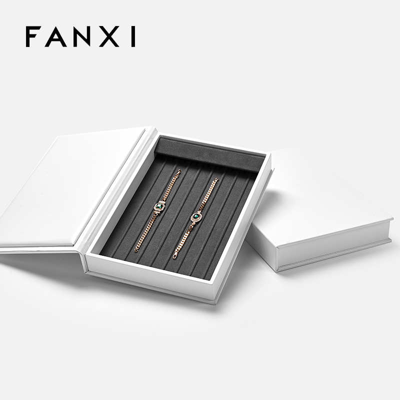 FANXI white leather jewelry box organizer with gray microfiber interior with logo exterior