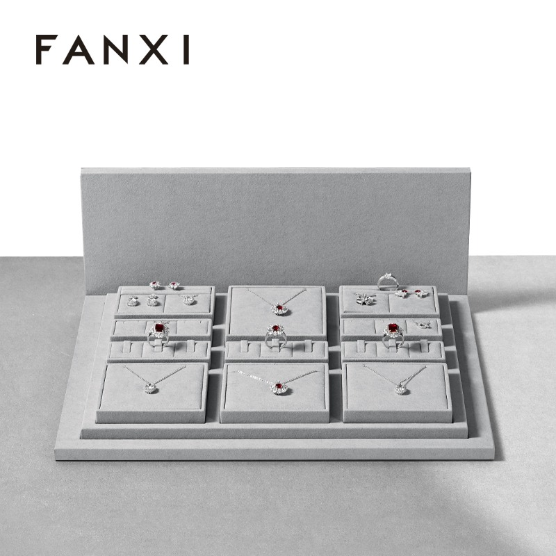 FANXI luxury wood jewelry display set with gray microfiber
