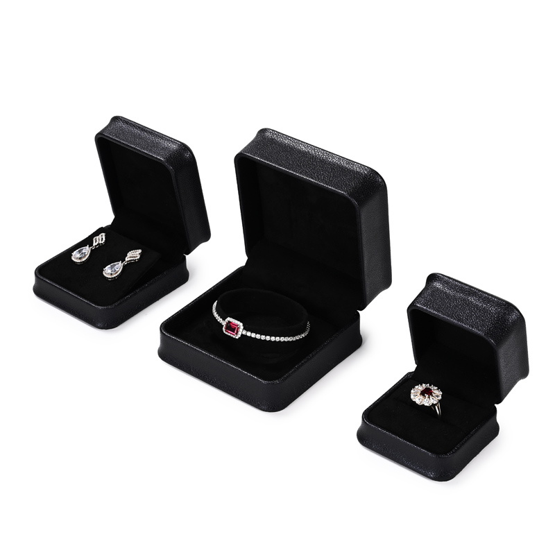 FANXI custom black leather jewelry packaging box with black microfiber inside