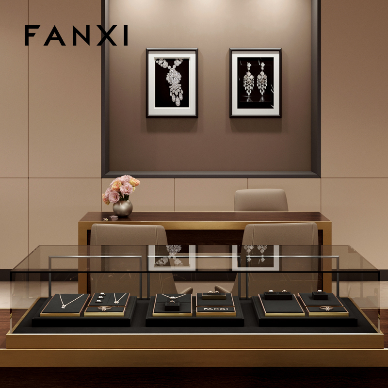 FANXI fashion luxury black microfiber jewelry display set with smooth metal
