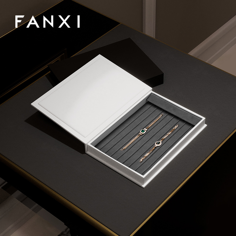 FANXI white leather jewelry box organizer with gray microfiber interior with logo exterior