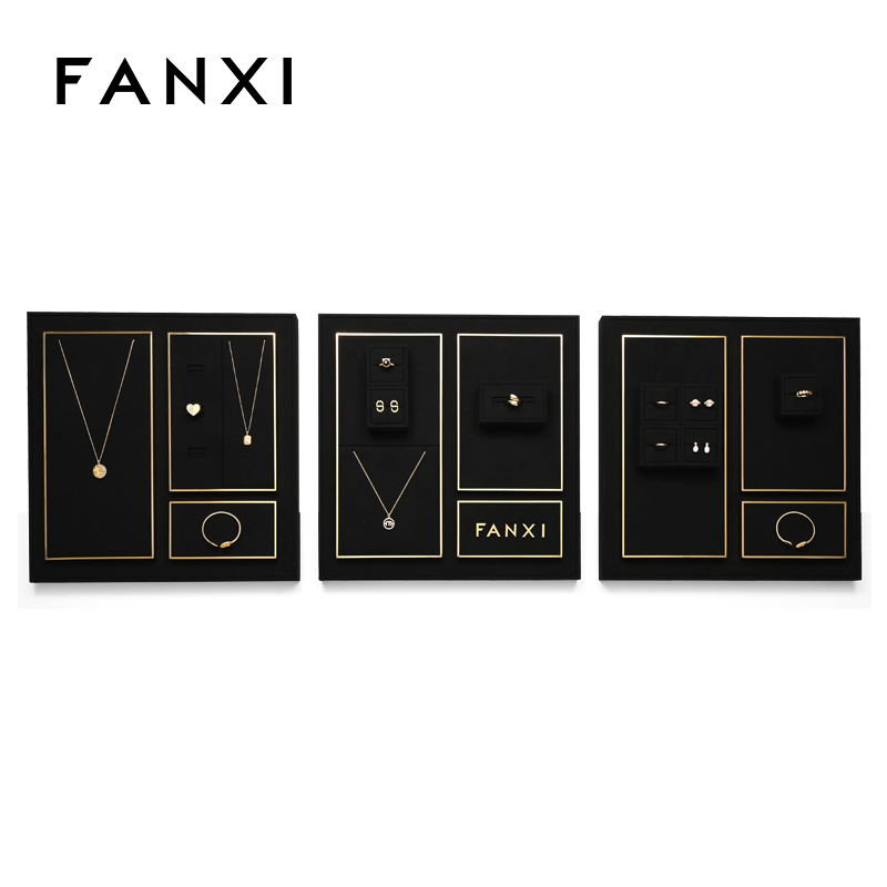 FANXI fashion luxury black microfiber jewelry display set with smooth metal