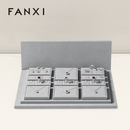 FANXI luxury wood jewelry display set with gray microfiber