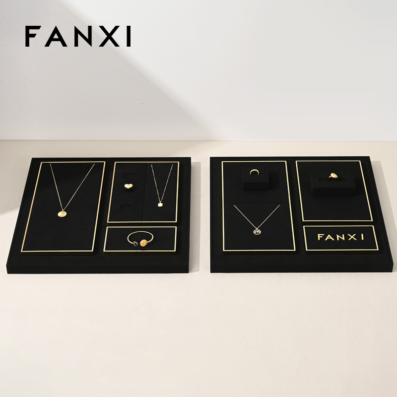 FANXI fashion luxury black microfiber jewelry display set with smooth metal