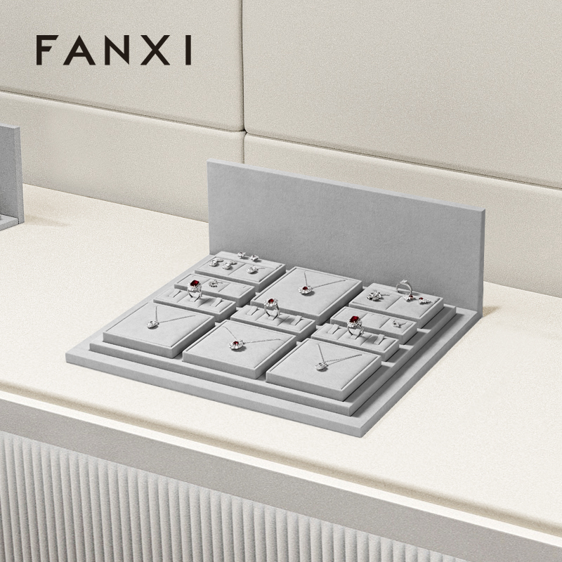 FANXI luxury wood jewelry display set with gray microfiber