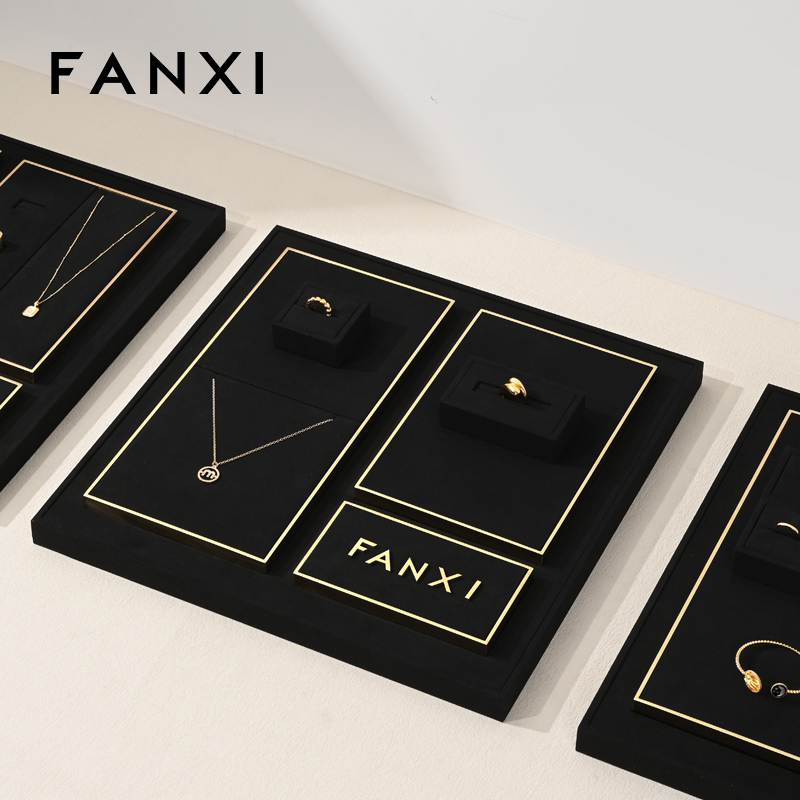 FANXI fashion luxury black microfiber jewelry display set with smooth metal