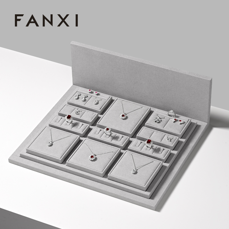 FANXI luxury wood jewelry display set with gray microfiber