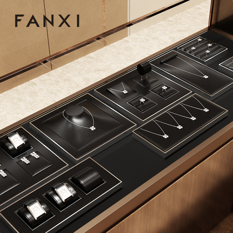 FANXI black leather jewellery holder with grossy stainless steel frame