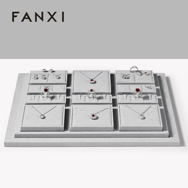 FANXI luxury wood jewelry display set with gray microfiber