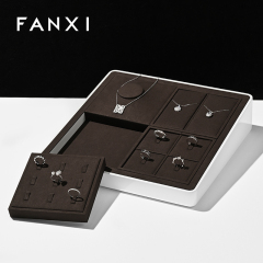 FANXI custom wooden jewellery display with brown microfiber