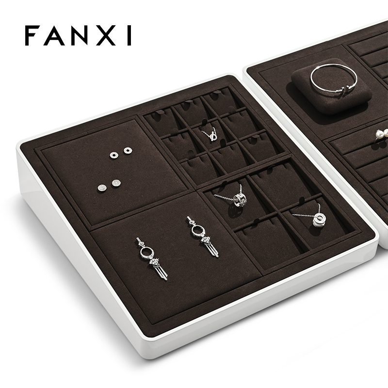 FANXI custom wooden jewellery display with brown microfiber