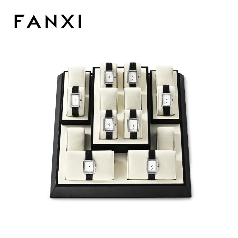 FANXI custom off white microfiber watch display with black PU leather frame