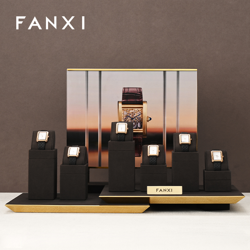 FANXI custom brown microfiber watch stand display holder with metal frame