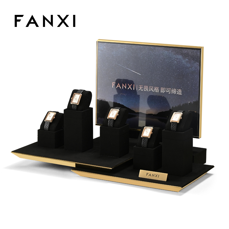 FANXI luxury fashion black microfiber watch display stand with metal structure