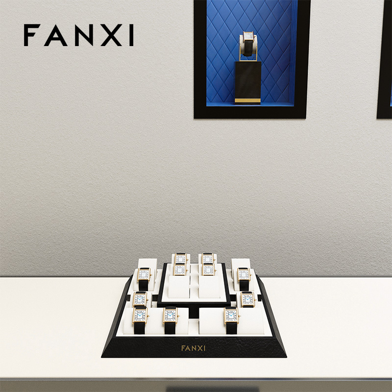 FANXI custom off white microfiber watch display with black PU leather frame