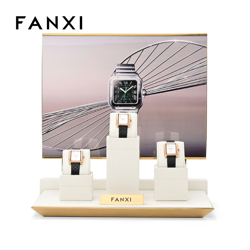 FANXI hot sale metal structure watch display stand with off-white microfiber