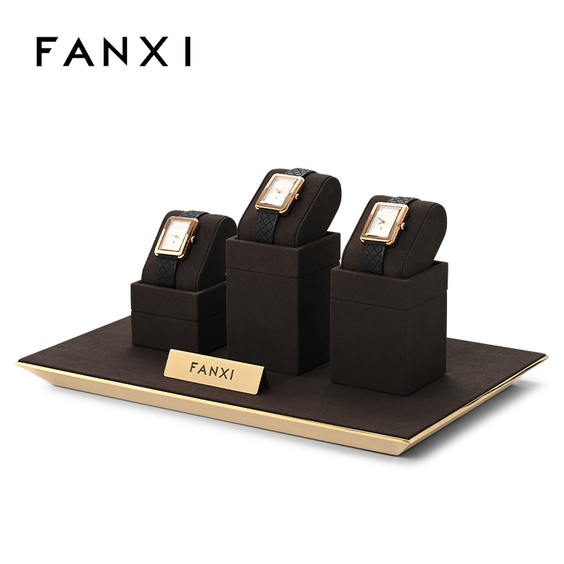 FANXI custom brown microfiber watch stand display holder with metal frame