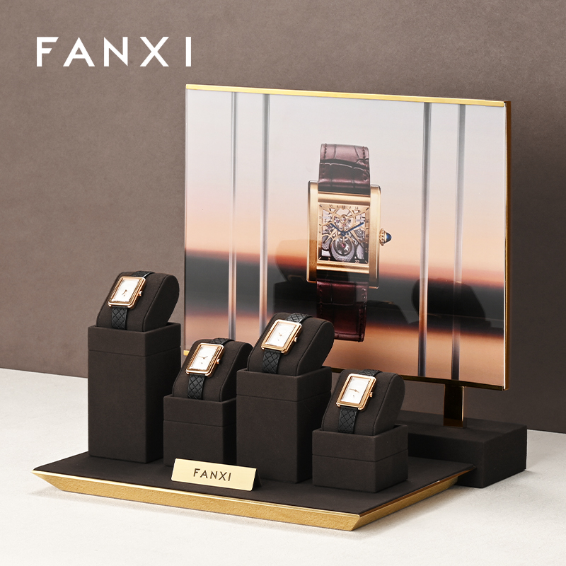 FANXI custom brown microfiber watch stand display holder with metal frame