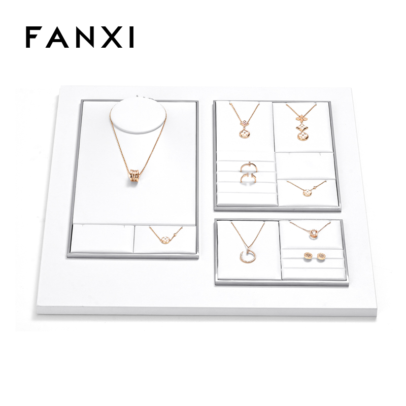 FANXI factory white PU leather jewelry exhibitors with metal structure