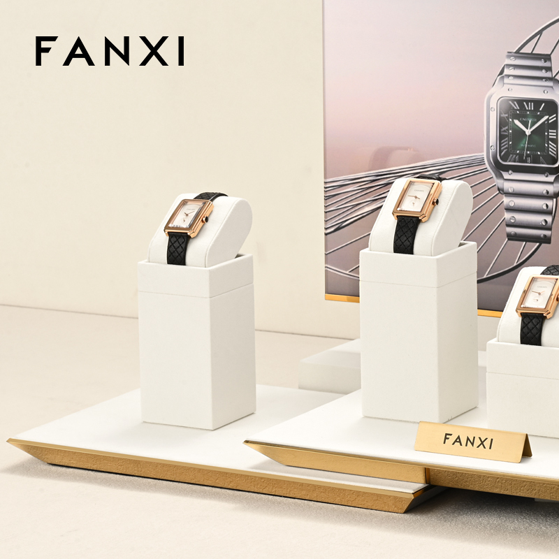 FANXI hot sale metal structure watch display stand with off-white microfiber