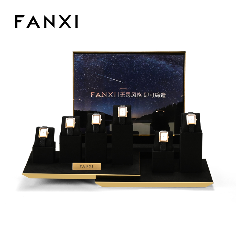 FANXI luxury fashion black microfiber watch display stand with metal structure