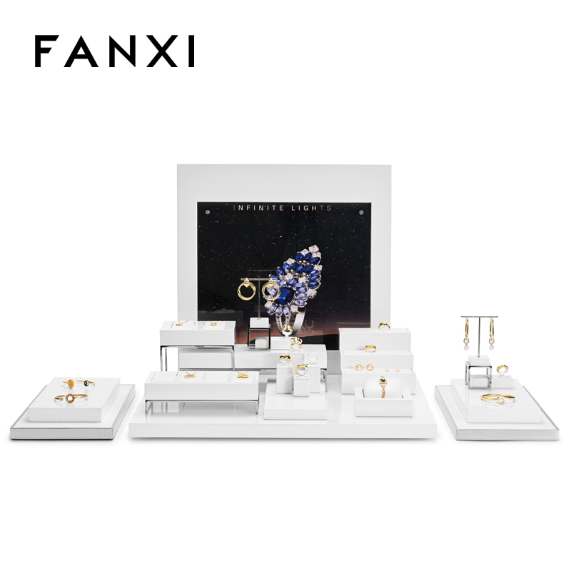 FANXI factory white PU leather jewelry display with metal frame