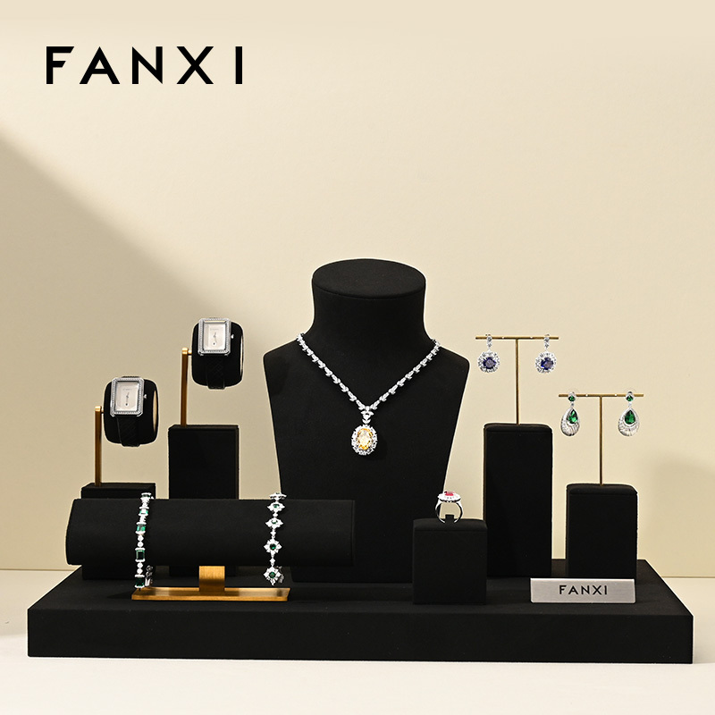 FANXI high quality metal structure jewelry exhibitor with black microfiber