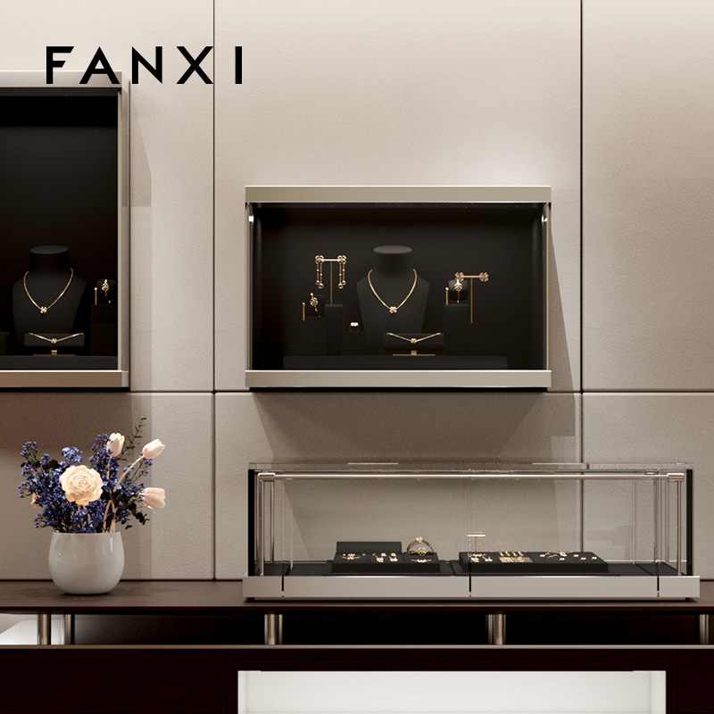 FANXI high quality metal structure jewelry exhibitor with black microfiber