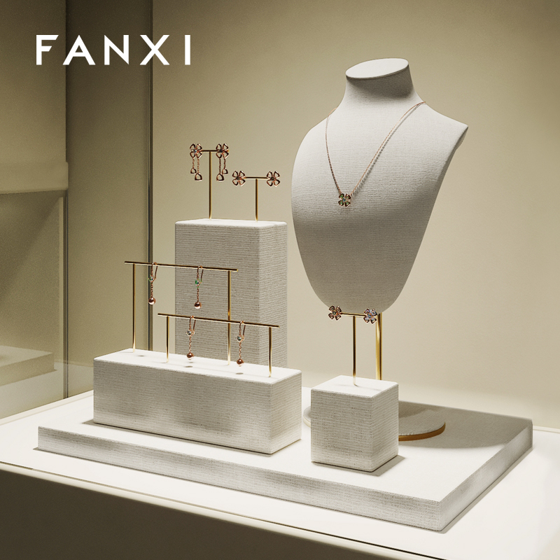 FANXI factory metal frame beige linen jewelry display busts